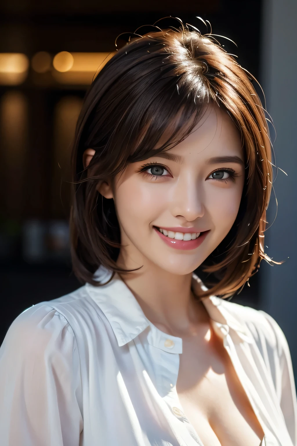 ((masterpiece)), ((Highest quality)), ((Complex)), ((Surreal)), (Realistic), (Mature Woman), ((No classes)), Very detailed, (1 female), Beautiful and exquisite, (Beautiful Teeth), Grin, Brunette Bob Hair, Brown eyes, ((blouse)), (Upper Body), (background:none), Perfect Eyes, Captivating eyes, Looking at the audience