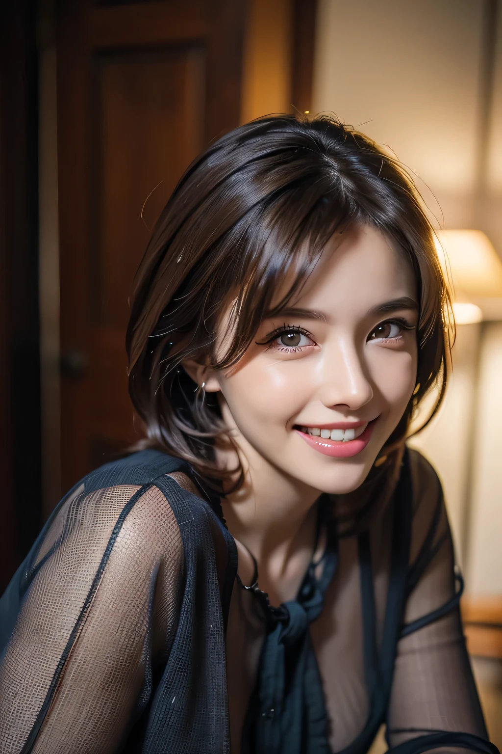 ((masterpiece)), ((Highest quality)), ((Complex)), ((Surreal)), (Realistic), (Mature Woman), ((No classes)), Very detailed, (1 female), Beautiful and exquisite, (Beautiful Teeth), Grin, Brunette Bob Hair, Brown eyes, ((blouse)), (Upper Body), (background:none), Perfect Eyes, Captivating eyes, Looking at the audience