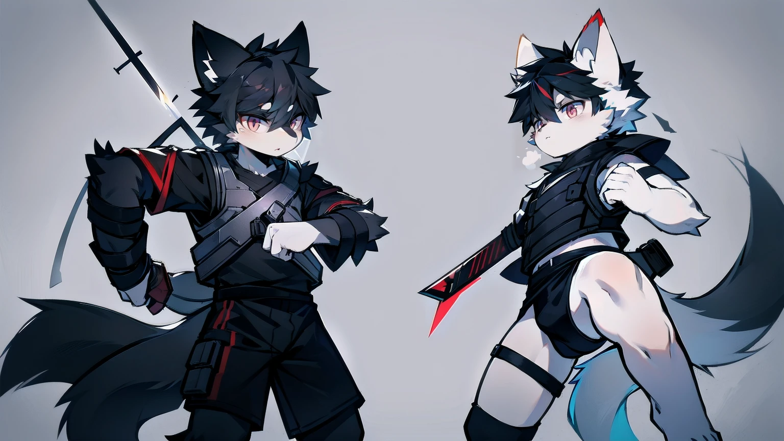 White Wolf,black hair,Red eyes,Wolf ears,Wolf Tail,juvenile,male,hairy,Hair,Half body armor,Combat uniform,Silver and black clothing,Handsome,Handsome,shorts,The forearm is exposed,leg,Fighting Stance,Duel,Two people,Anxious,Armed with a sword,Simple background,Swords