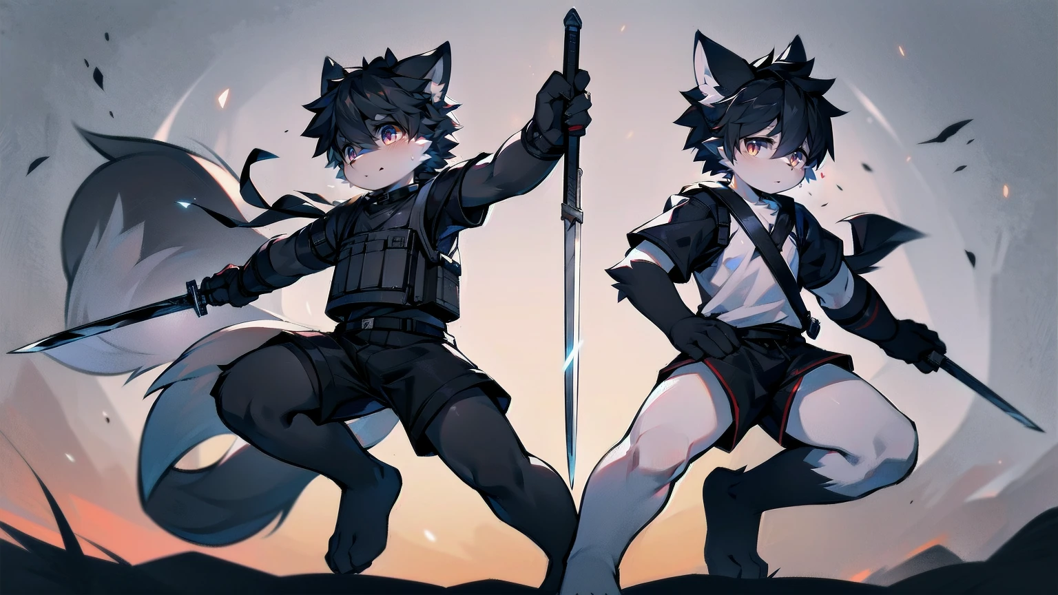 White Wolf，black hair，Red eyes，Wolf ears，Wolf Tail，juvenile，male，hairy，Hair，Half body armor，Combat uniform，Silver and black clothing，Handsome，Handsome，shorts，The forearm is exposed，leg，Fighting Stance，Duel，Two people，Anxious，Armed with a sword，Simple background，Swords