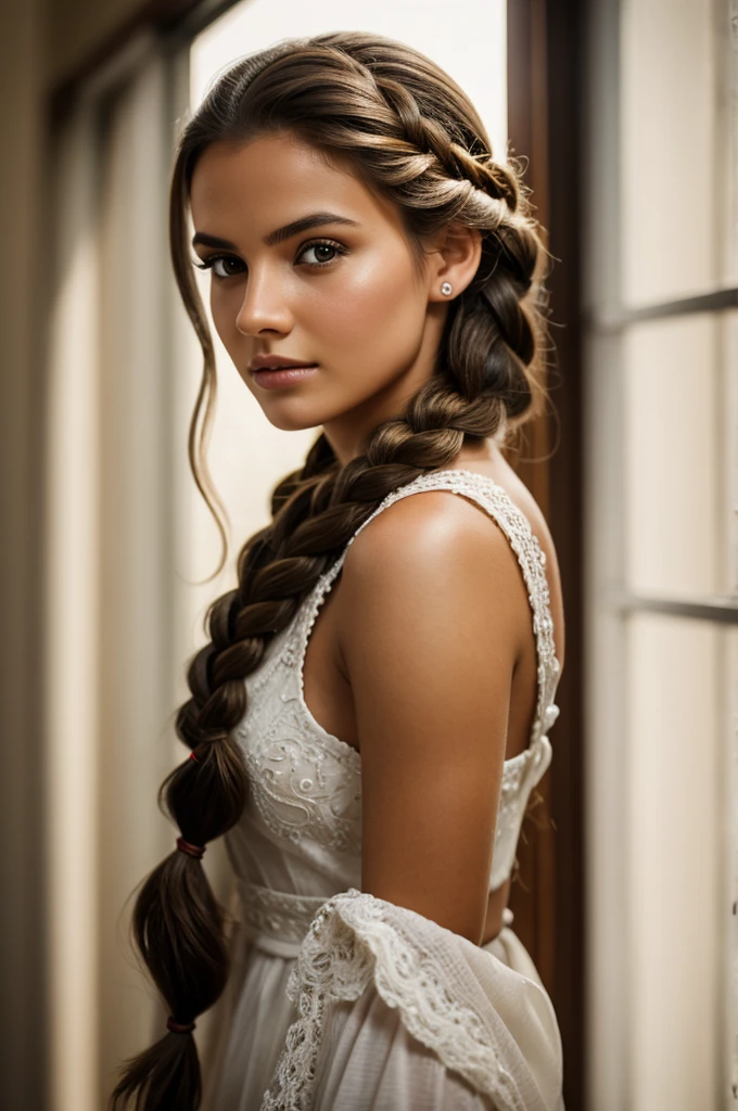 photorealistic of a 21 year old woman, Brazilian, Perfect eyes, brown hair, braid, looks at viewer, Cinematic shot, harsh shadows, high quality photography, 3-point lighting, Flash with softbox, 4k, Canon EOS R3  , HDR, Suave, sharpness, high resolution, award-winning photo, 80mm, F2.8, bokeh