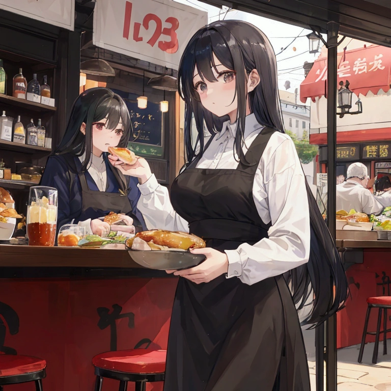 The town's market regains vitality、people々While enjoying daily life、A scene in which a woman with long black hair is having breakfast with a middle-aged man in a restaurant and discussing the town's defense