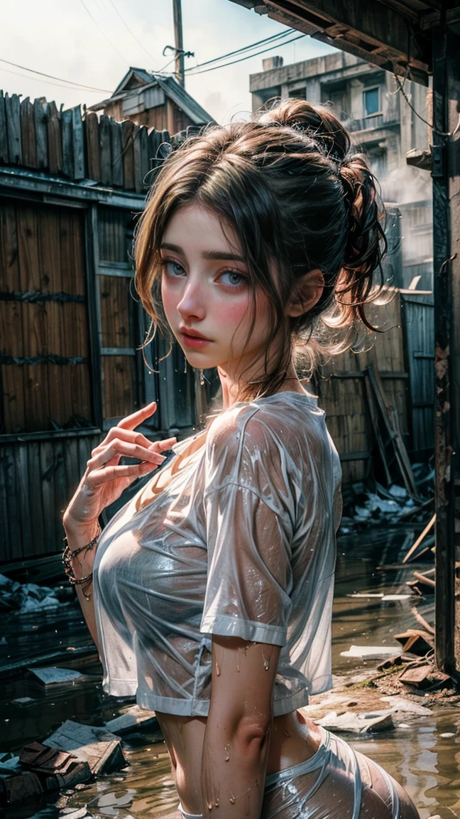 1 girl, Only One, (((Wet white shirt)))), ((no-good))))), exposed shoulders and entire navel, , ((((Retrato de Emily rudd)))), almost completely naked, NSFW, long and wet white t-shirt, (((private details delicate)), (((abandoned place, muck, land, dust, haze, natta, chilly, icy, dampness))))large breasted, (wet clothing showing the skin underneath), (Caucasian skin), pale skin, big green eyes, Swollen breasts, portraite, professional quality, high resolution, perfect contrast, The lighting, perfect composition, Waifu, perfect skin, perfect hands, perfect fingers, perfect shaped breasts, perfect hair, face perfect