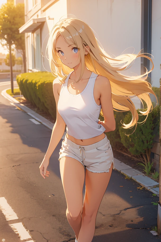 Photo of a girl wearing white shorts and a black sleeveless tank top, One person、walk、Tan Skin:1.5, Beauty、Medium Bust, Beautiful blonde:2, Straight hair to the shoulders:1.2, Forehead:1.2, Looking to the side、Photographed from the front、Photographed from the knees up。