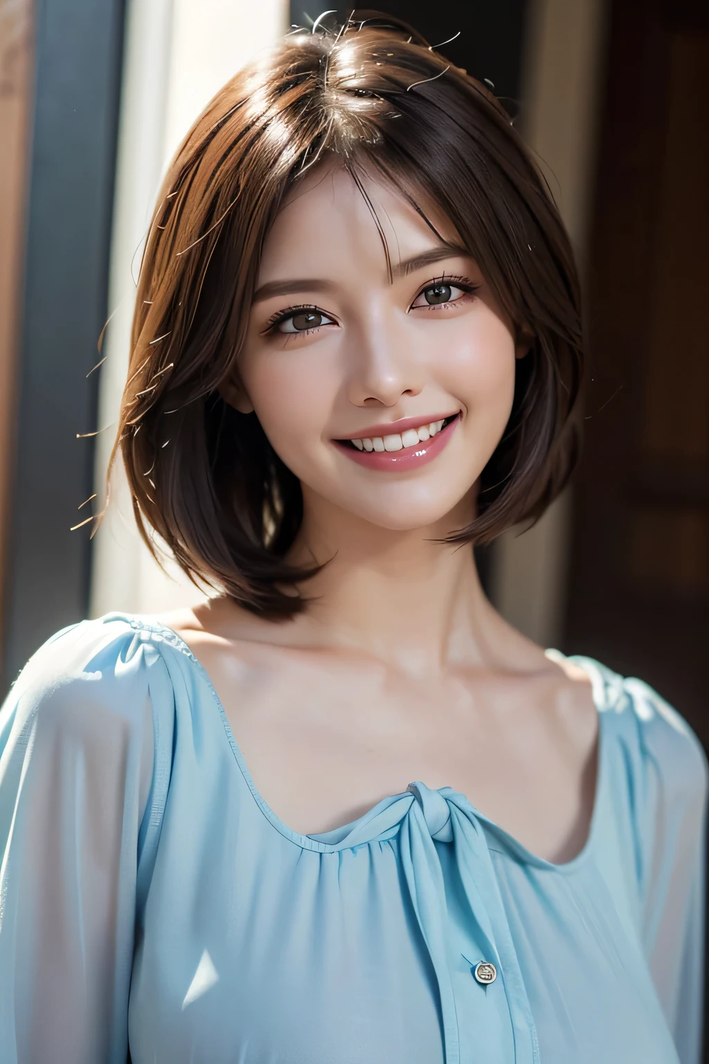 ((masterpiece)), ((Highest quality)), ((Complex)), ((Surreal)), (Realistic), (Mature Woman), ((No classes)), Very detailed, (1 female), Beautiful and exquisite, (Beautiful Teeth), Grin, Brunette Bob Hair, Brown eyes, ((blouse)), (Upper Body), (background:none), Perfect Eyes, Captivating eyes, Looking at the audience