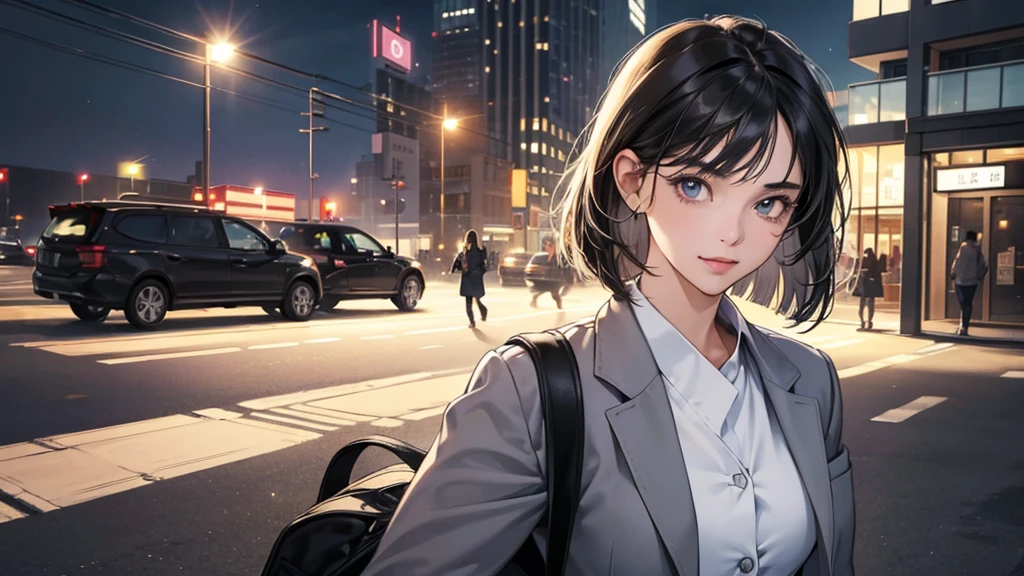 (perfect anatomy:1.2)(absurdres, highres, ultra detailed),masterpiece,best quality,high resolution,8k,Realistic face,Realistic skin texture,magnified textures, stunning clarity,detailed anime girl,(ultra detailed eyes and face),(1 girl:1.7)21years old,she is office worker,,smile:1.2,black hair, bob cut,natural make,grey jacket and pants,black brouse,,sparkling eyes.small nose,roundface、just left the office when it was time to leave,night, bussines district,she is walking,happy,she just leave her company,upper body