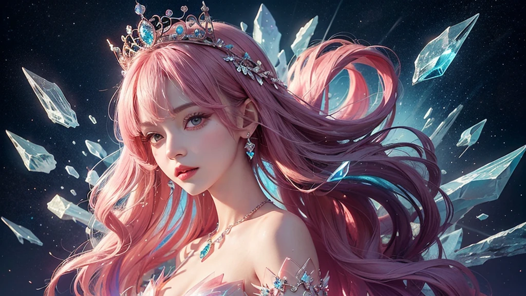 Highest quality,masterpiece,16K,One girl, bangs, Exposing shoulders, chest, Crown, crystallization, dress, From the side, gem,Colorful crystallizations,Crystal Headwear,There are many crystallizations on the clothes,Colorful Gradient Hair,カラフルなdress,Colorful crystals floating,Body crystals,Crystal Necklace,Colorful crystallization decoration,crystalline girl, Gradient Hair, jewelry, Long Hair, compensate, medium chest, Multicolored Hair, Pink Hair, alone, tiara