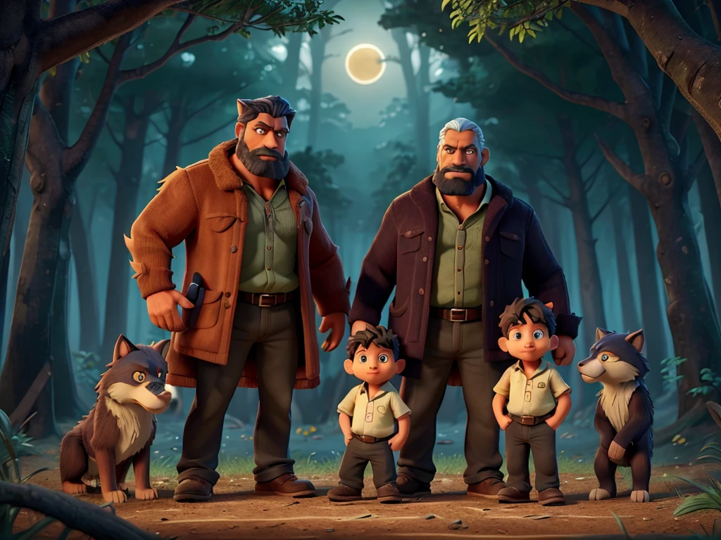 "Generate an image that represents a familiar werewolf scenario, father and son, in a forest environment by moonlight. The father should be portrayed as an imposing, mature werewolf, with a protective and proud expression. He must have visible wolfish features, like bright yellow eyes and sharp fangs. The son must be represented as a young werewolf, with a mixture of human and wolfish traits, showing a curious and admiring look at his father. Both should be in a pose that suggests a strong family bond, perhaps with the father teaching the son about his abilities and nature. The environment should reflect a climate of mystery and wild nature, emphasizing the duality between humanity and animality."