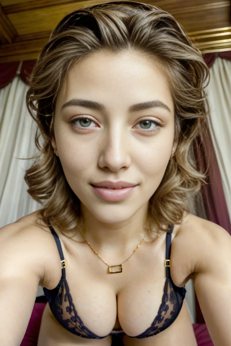 (((light hair skin))), whole body, detailed face, detailed eyes, square necklace, hair collected, Attractive stunning girl on all fours in a cheap hotel room, (come to bed eyes), ((upper body selfie, enthusiastic)), Masterpiece, Best Quality, ultra-detailed, Alone, happy, enthusiastic, square necklace, Square earrings, strong, face, serious face, in front of the viewer, looking at the viewer, sultry, dynamic pose, dynamic angle, RICO, Luxurious, curvy aunt, flawless face, perfect skin, black fur, big breasts, neckline, sagging breasts, heavy breasts, bossy, detailed (wrinkles, Imperfections!, folds!, moles, one, pores!!, Imperfections de la piel:1.1), (Sexy Golden Lingerie Set Details:1.25), highly detailed glossy eyes, (looking to the camera), specular lighting, DSLR, Ultra quality, sharp focus, thanks sharp, degrees of freedom, film grain, centered, Fujifilm XT3, clear as crystal