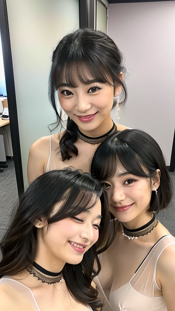 (A close-up selfie photo of two Japanese girls), 25-years-old, (Standing closely), (In the office), (Both smiling), (Both looking at the viewer), best quality, masterpiece, (Wearing transparent sheer bridesmaid-dress), (choker), (((Double eyelids))), Bangs down, earrings, (((Big beady eyes))), ((Completely transparent dress)), ((Nudists)), (cute lingerie)