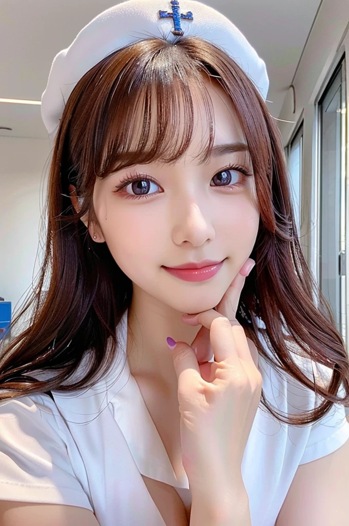 ((highest quality, 8K, masterpece :1.4)), highest real,Sharpness:1.3, Perfect Body Beauty:1.4,(pureerosface_v1:0.008), ((super real,best quality)),(soft lighting),super detailed face,top-quality,SUPER high resolution,Extraordinary beautiful girl,Detailed cute and beautiful face,facial hairs,Bangs that extend to the face,Bangs between the eyes,eye liner,Lush bust,fine eyes, double eyelid,((In-focus image,no blur)),,(((alone girl))),fine detail,highly detailed face and eyes, (cute face:1.6), my sister,18years old,(huge breasts:1.8,beautiful areola,small areola),(Clear colours,Vivid depiction),Photorealistic, 8k, RAW Photos, ----((NSFW:1.5))----------((make eye contact with the audience)),((Composition from the avobe:1.2)),-----(Inside the hospital, bright room, Marble floors, white concrete walls,large windows, sunlight shines in),(Beautiful BROWN hair:1.2, long Hair:1.2,CUTE HAIR STYLE),-----(SMILE FACE:1.4),-(Squatting:1.4,arched back:1.3,place both hands on breasts:1.2),((close up face:,upper body)),-----((Real short nurse uniform:1.2, white nurse uniform:1.2, white nurse cap:1.2)