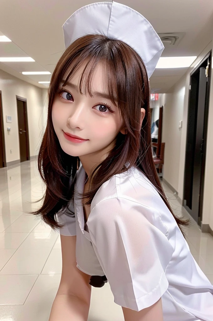 ((highest quality, 8K, masterpece :1.4)), highest real,Sharpness:1.3, Perfect Body Beauty:1.4,(pureerosface_v1:0.008), ((super real,best quality)),(soft lighting),super detailed face,top-quality,SUPER high resolution,Extraordinary beautiful girl,Detailed cute and beautiful face,facial hairs,Bangs that extend to the face,Bangs between the eyes,eye liner,Lush bust,fine eyes, double eyelid,((In-focus image,no blur)),,(((alone girl))),fine detail,highly detailed face and eyes, (cute face:1.6), my sister,18years old,(huge breasts:1.8,beautiful areola,small areola),(Clear colours,Vivid depiction),Photorealistic, 8k, RAW Photos, ----((NSFW:1.5))----------((make eye contact with the audience)),((Composition from the avobe:1.2)),-----(Inside the hospital, bright room, Marble floors, white concrete walls,large windows, sunlight shines in),(Beautiful BROWN hair:1.2, long Hair:1.2,CUTE HAIR STYLE),-----(SMILE FACE:1.4),-(Squatting:1.4,arched back:1.3,place both hands on breasts:1.2),((close up face:,upper body)),-----((Real short nurse uniform:1.2, white nurse uniform:1.2, white nurse cap:1.2)
