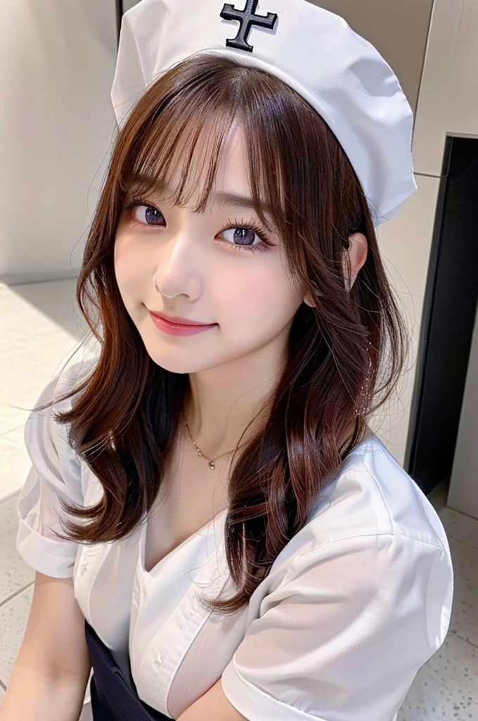 ((highest quality, 8K, masterpece :1.4)), highest real,Sharpness:1.3, Perfect Body Beauty:1.4,(pureerosface_v1:0.008), ((super real,best quality)),(soft lighting),super detailed face,top-quality,SUPER high resolution,Extraordinary beautiful girl,Detailed cute and beautiful face,facial hairs,Bangs that extend to the face,Bangs between the eyes,eye liner,Lush bust,fine eyes, double eyelid,((In-focus image,no blur)),,(((alone girl))),fine detail,highly detailed face and eyes, (cute face:1.6), my sister,18years old,(huge breasts:1.8,beautiful areola,small areola),(Clear colours,Vivid depiction),Photorealistic, 8k, RAW Photos, ----((NSFW:1.5))----------((make eye contact with the audience)),((Composition from the avobe:1.2)),-----(Inside the hospital, bright room, Marble floors, white concrete walls,large windows, sunlight shines in),(Beautiful BROWN hair:1.2, long Hair:1.2,CUTE HAIR STYLE),-----(SMILE FACE:1.4),-(Squatting:1.4,arched back:1.3,place both hands on breasts:1.2),((close up face:,upper body)),-----((Real short nurse uniform:1.2, white nurse uniform:1.2, white nurse cap:1.2)