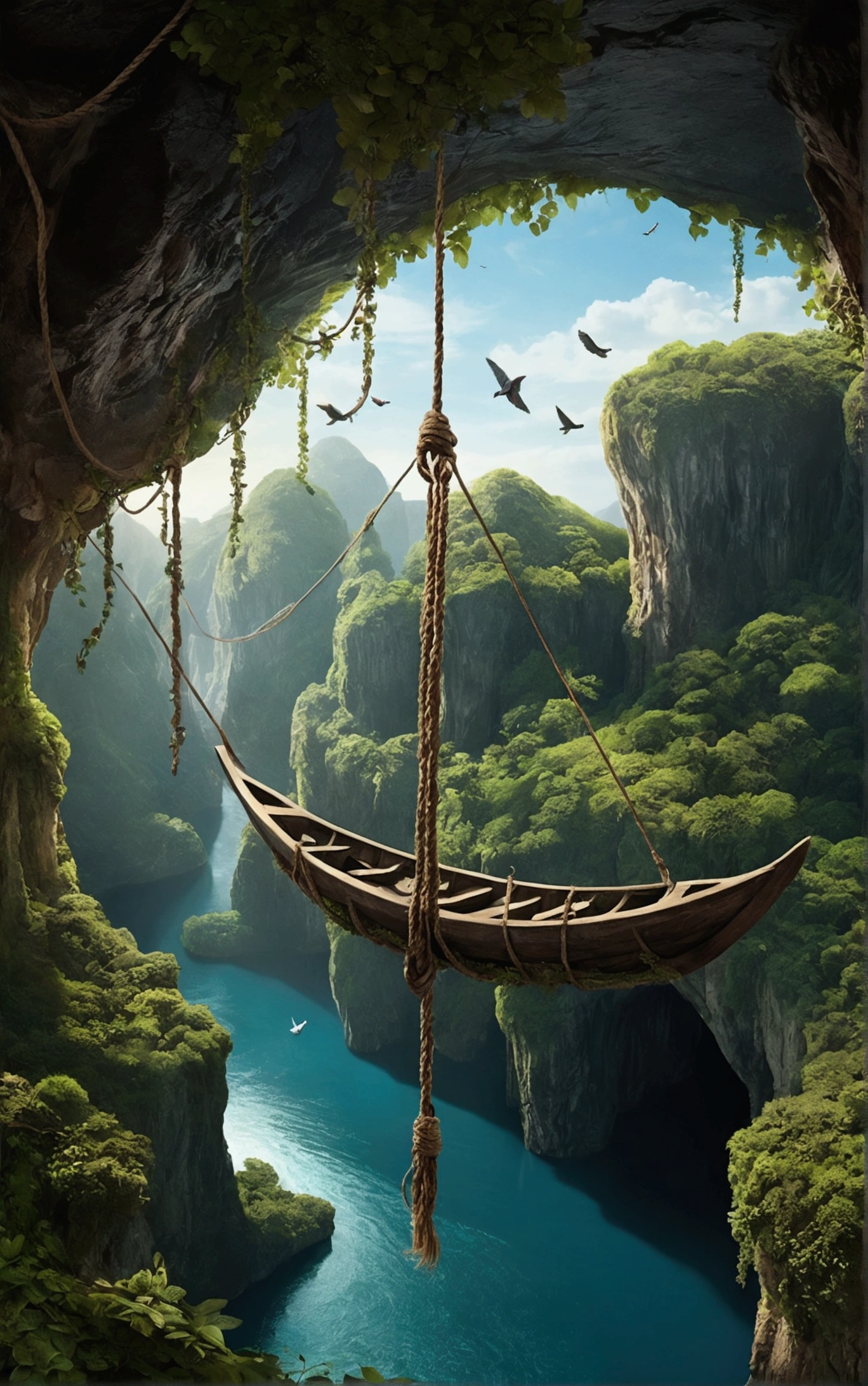 a close up of a boat suspended from a tree in a cave, swinging on a vine over a chasm, inspiring birds eye vista view, epic matte painting of an island, matte painting of human mind, youtube video screenshot, rope bridges, made of tree and fantasy valley, amazing exquisite matte painting, surreal matte painting, extravagant matte painting, magic realism matte painting