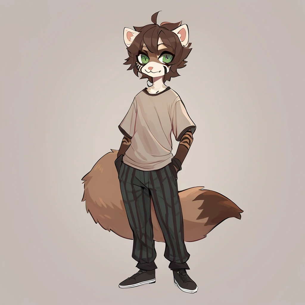 ferret girl monster tan fur with brown stripes brown short hair brown rectangular face tattoos dark green eyes long pointed brown ears with a brown fluffy tip tail with brown stripes wearing a baggy shirt, trousers and short brown gloves
