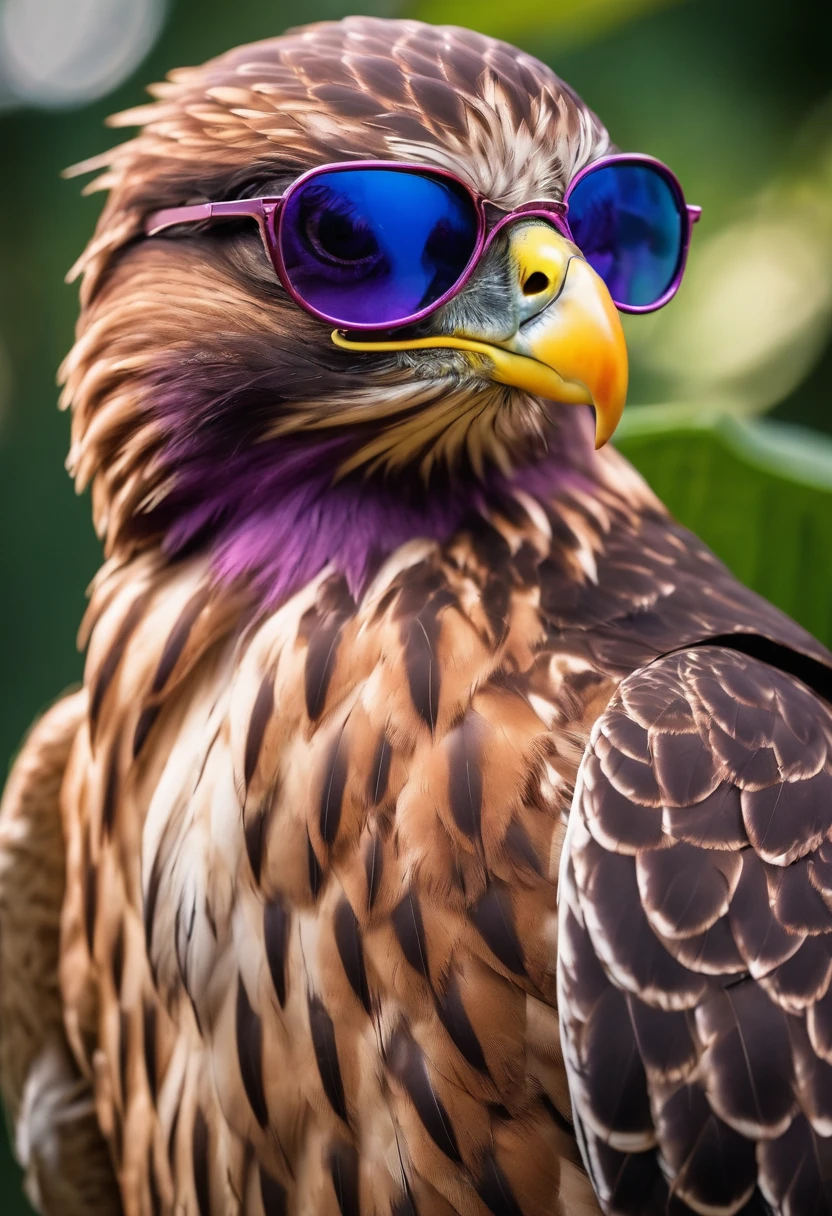 a strong, busty female hawk bird with sunglasses, pointing finger at camera, ultra detailed, cinematic lighting, dramatic purple tones, photorealistic, 8k, masterpiece, highly detailed, intricate textures, sharp focus, realistic feathers, intense gaze, stylized, dramatic pose