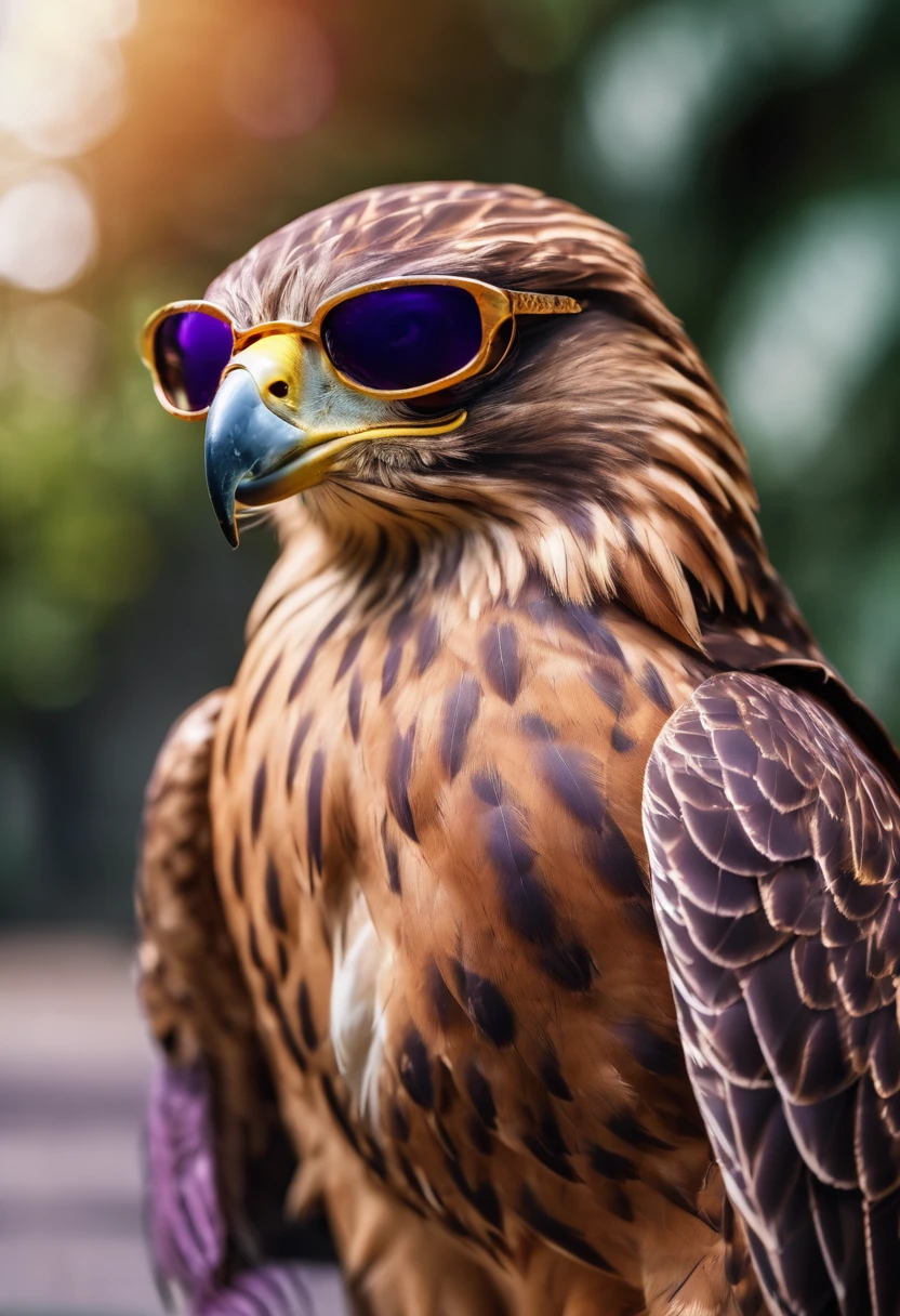 a strong, busty female hawk bird with sunglasses, pointing finger at camera, ultra detailed, cinematic lighting, dramatic purple tones, photorealistic, 8k, masterpiece, highly detailed, intricate textures, sharp focus, realistic feathers, intense gaze, stylized, dramatic pose