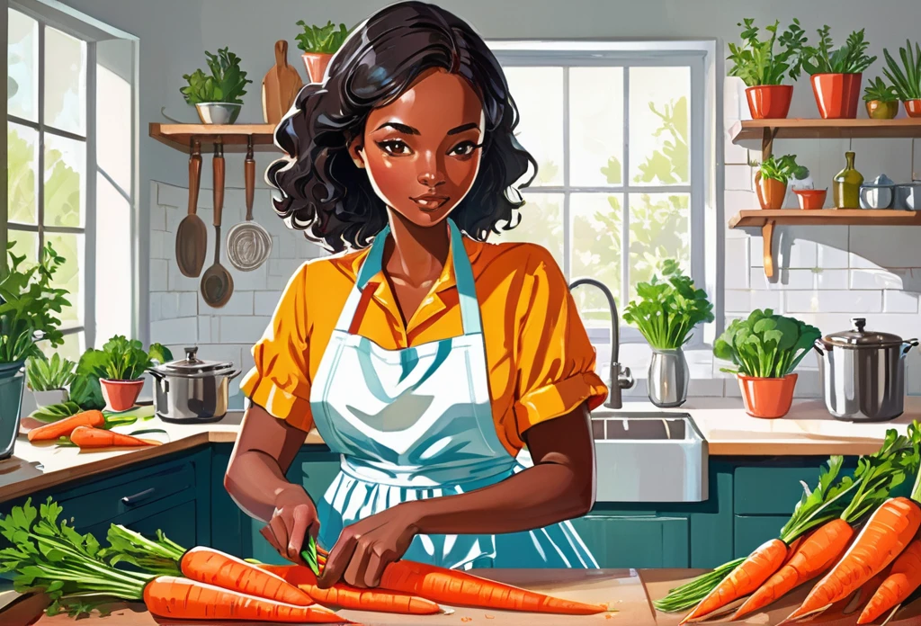 A woman in the kitchen, wearing apron, cutting carrots. Modern kitchen,
African (masterpiece best quality:1.2) delicate illustration ultra-detailed, illustrations, bright, colourful,