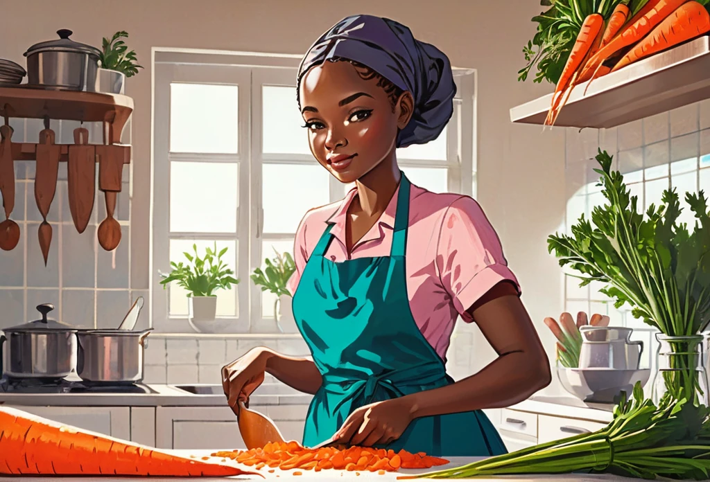 A woman in the kitchen, wearing apron, cutting carrots. Modern kitchen, 
African (masterpiece best quality:1.2) delicate illustration ultra-detailed, illustrations, bright, colourful, 