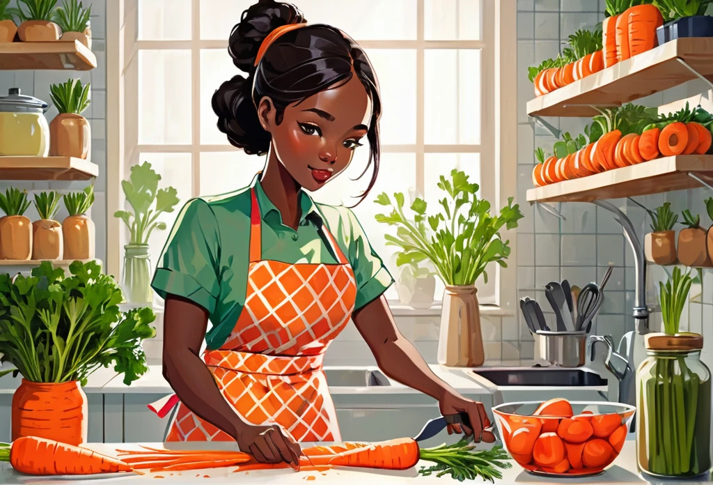 A woman in the kitchen, wearing apron, cutting carrots. Modern kitchen, 
African (masterpiece best quality:1.2) delicate illustration ultra-detailed, illustrations, bright, colourful, 