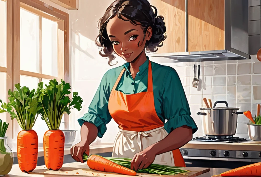 A woman in the kitchen, wearing apron, cutting carrots. Modern kitchen,
African (masterpiece best quality:1.2) delicate illustration ultra-detailed, illustrations, bright, colourful,