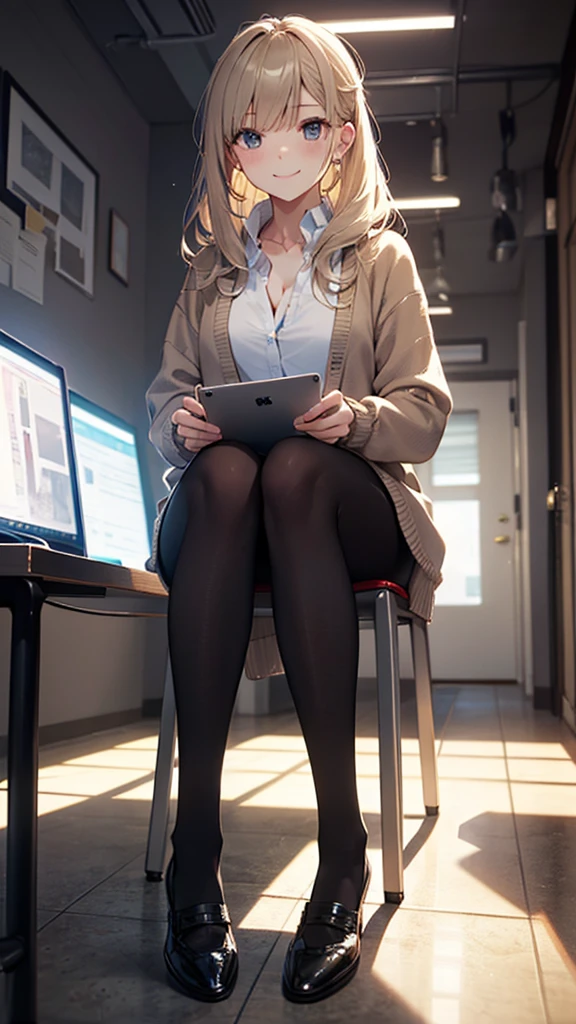20-year-old female、very pretty、OL、While working in the office、Positive、close、Squatting in the hallway、Pick up the dropped documents、(Official Art、Highest quality、unity 8k wallpaper、32K、masterpiece、Very detailed、Ultra-high resolution、Realistic、Photorealistic:1.2)、(Cinema Lighting:1.2)、Best Shadow、Rim Light、Side light、(Highly detailed and intricate 3D rendering)、computer、Light Hair Color、smile, White shirt、Tight Skirt、cardigan、Sitting in a chair、pantyhose