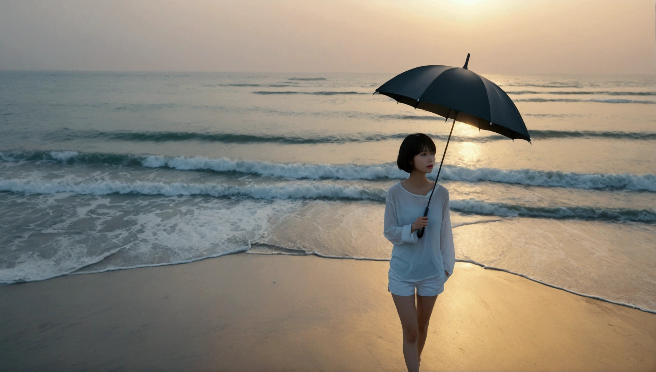8k, Vivid picture quality, Vivid picture quality, long deserted beach, Full body shot from a distance with a wide angle lens, Short hair, beautiful appearance, Model-like body, Short and slim Korean woman, sunset의 붉은 빛, sunset, alone, afternoon, depressed, tide가 밀려온다, rain, medium size black umbrella, ocean, tide, wind, Clear picture quality, tower, White shorts, Looking to the side with a black umbrella, Short hair