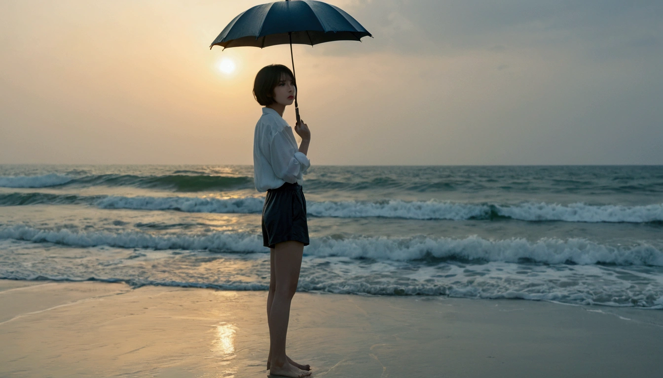 8k, Vivid picture quality, Vivid picture quality, long deserted beach, Full body shot from a distance with a wide angle lens, Short hair, beautiful appearance, Model-like body, Short and slim Korean woman, sunset의 붉은 빛, sunset, alone, afternoon, depressed, tide가 밀려온다, rain, medium size black umbrella, ocean, tide, wind, Clear picture quality, tower, White shorts, Looking to the side with a black umbrella, Short hair