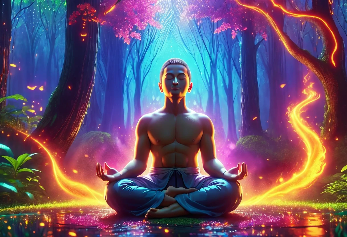 a man meditating peacefully, achived enlightment, vibrant colors, flames, neon lights volumetric lighting, dramatic cinematic lighting, dramatic lighting, dramatic shadows, realistic rain, dense forest, lush vegetation, detailed foliage, photorealistic, 8k, best quality, masterpiece