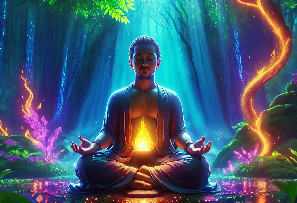 a man meditating peacefully, achived enlightment, vibrant colors, flames, neon lights volumetric lighting, dramatic cinematic lighting, dramatic lighting, dramatic shadows, realistic rain, dense forest, lush vegetation, detailed foliage, photorealistic, 8k, best quality, masterpiece