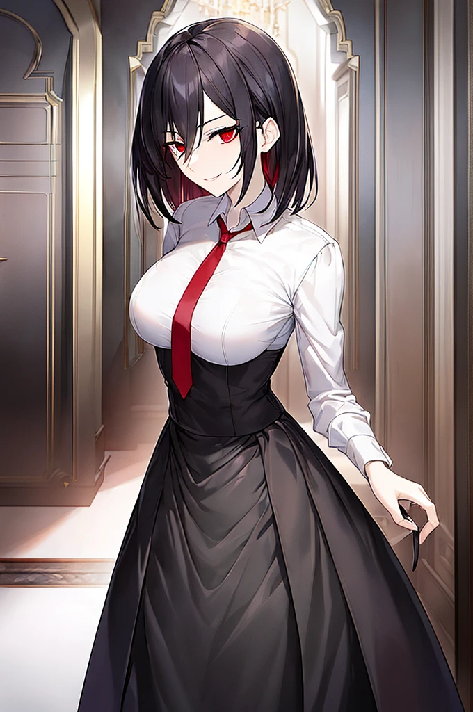 masterpiece, best quality, noir style adult woman, best quality, pale skin, bright red eyes, short black hair arranged, short air, arranged, straight hair, black suit, white shirt tucked in, dark red tie, friendly look, side look, eyes looking ahead. mischievous smile, malice