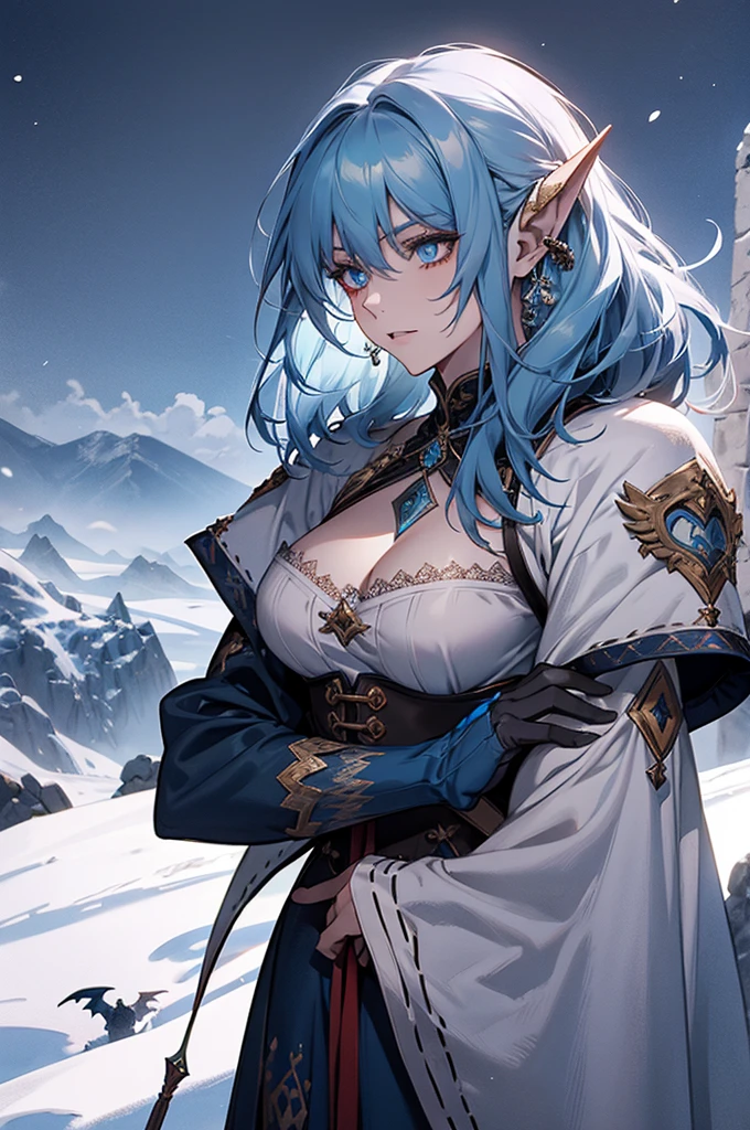 Female dragon, medium hair, blue colored eyes, Defined physique, medieval clothes, scales on the neck and pointed ears, medieval tattoos, on a snowy mountain, extreme detail, dynamic lighting.