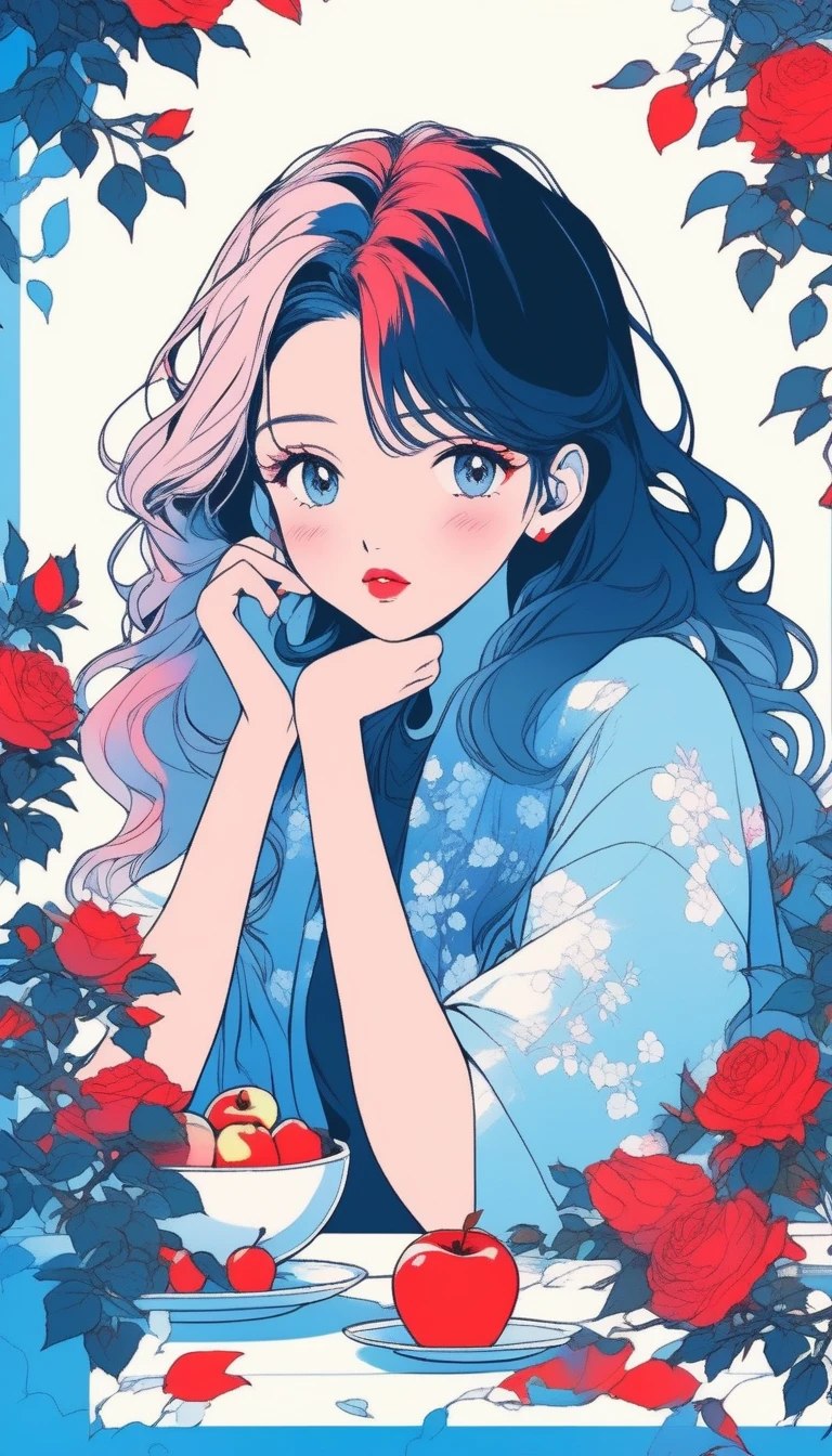 ilustrador, Japanese cartoons , Practical ,sketch , 1 Girl, ,lips, Order, Blue gradient background, Surrounded by roses and apples,Neon hair,Texture cropping, Canada, (On the table,best quality),16:9 Landscape screen,