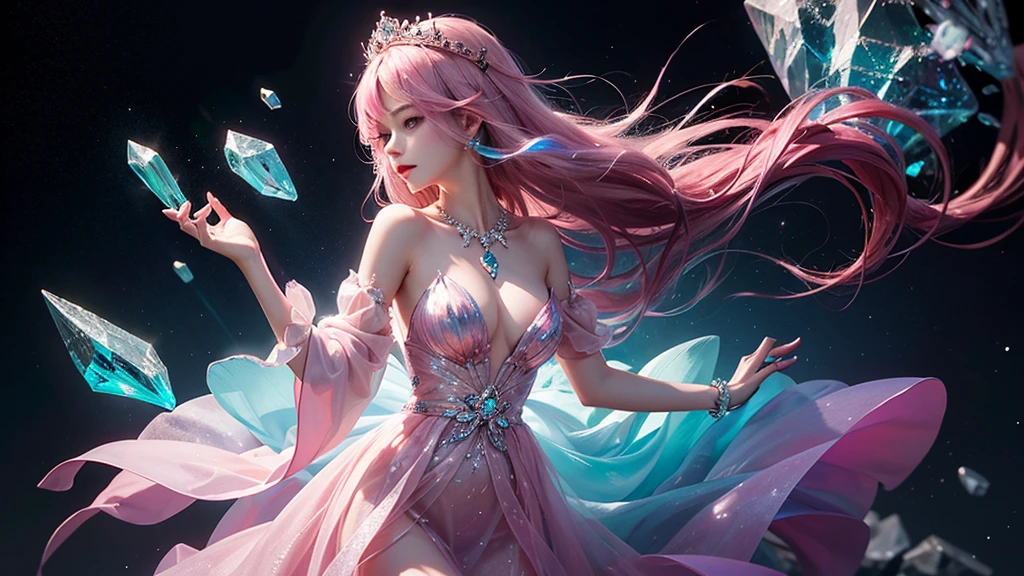 Highest quality,masterpiece,16K,One girl, bangs, Exposing shoulders, chest, Crown, crystallization, dress, From the side, gem,Colorful crystallizations,Crystal Headwear,There are many crystallizations on the clothes,Colorful Gradient Hair,カラフルなdress,Colorful crystals floating,Body crystals,Crystal Necklace,Colorful crystallization decoration,crystalline girl, Gradient Hair, jewelry, Long Hair, compensate, medium chest, Multicolored Hair, Pink Hair, alone, tiara