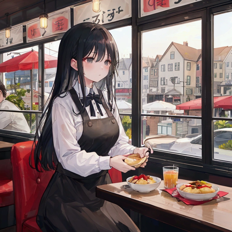 The town&#39;s market regains vitality、people々While enjoying daily life、A scene in which a woman with long black hair is having breakfast with a middle-aged man in a restaurant and discussing the town&#39;s defense