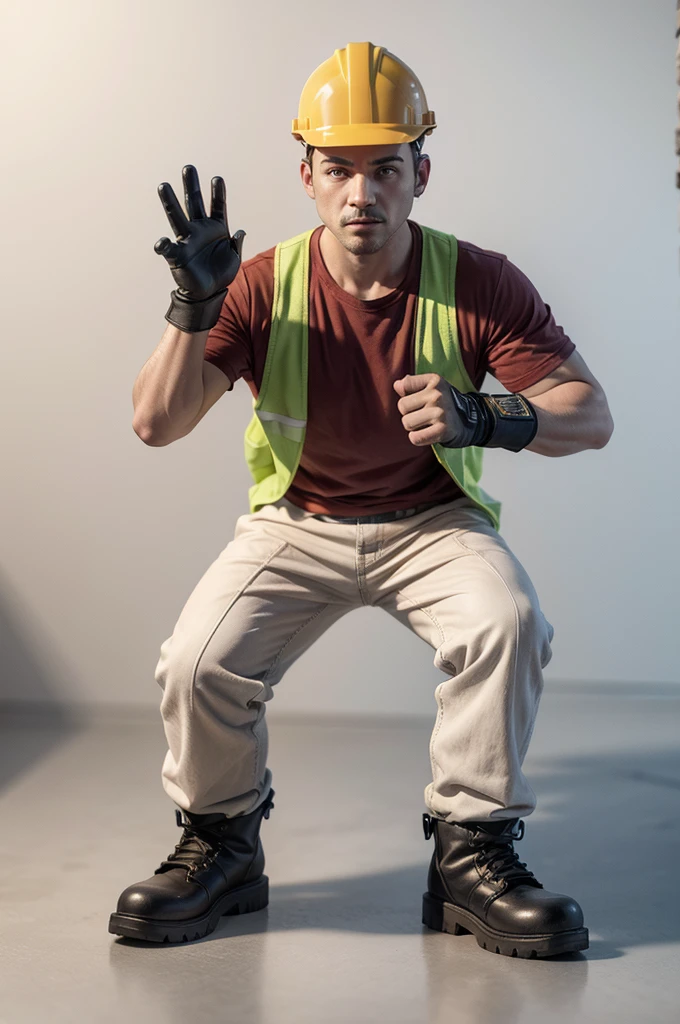 create a mascot in 3d render style, shaped like a brick made of ceramic, with arms and legs, wearing construction worker gloves and boots, making cool sign and with white background barias poses