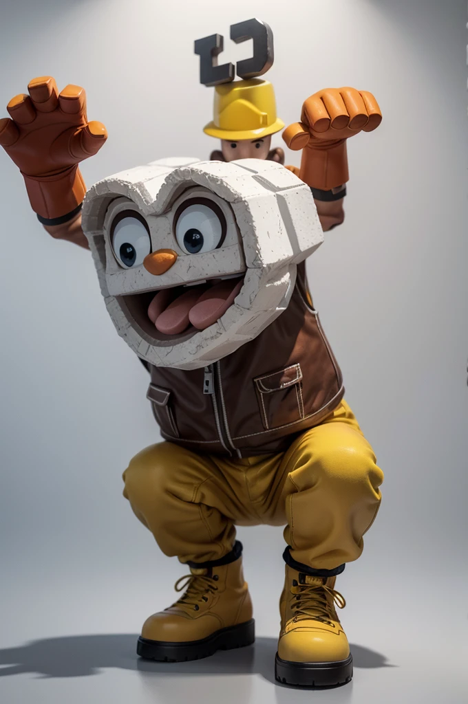 create a mascot in 3d render style, shaped like a brick made of ceramic, with arms and legs, wearing construction worker gloves and boots, making cool sign and with white background barias poses