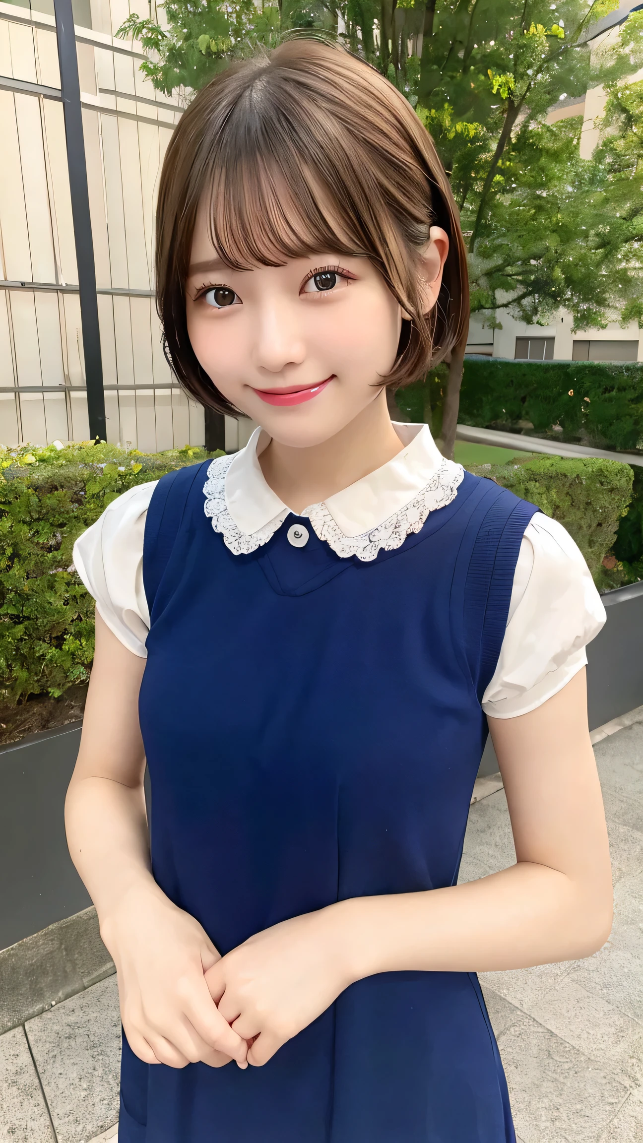 8K、best image quality、smile、masterpiece、spring、short hair、fine eyes、small breasts、A refreshing smile、Female college student、Dimples、New dresses for spring、Clear system、attending university、Ruck sack