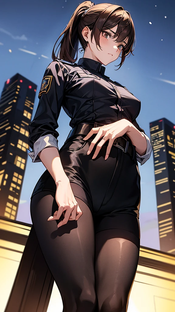 {{masterpiece}}, {{{best quality}}},{{ultra-detailed}}, {{illustration}},{{tall stature}},{{adult women}},((Black tights and shorts)),Small breasts,Slender,{{Hands on hips}},((Leggings with integrated shorts)), Female police officer A strong expression Brown hair ponytail Place your hands on your knees 1 female,alone, Downtown at night long sleeve police uniform Black pantyhose View from below Black Belt