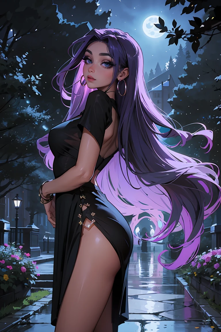 Goddess ((goddess-like woman)), slim elegant silhouette, masterpiece, (close angle), best quality, sweet face, (masterpiece:1,2, best quality), (real picture, intricate details), (1 lady , solo, medium tits, slim waistline, ), (blue eyes, Purple hair, very long hair), a woman with long hair, she has an impressive presence., long hair, bracelet, hoop earrings, jewelry, beautiful face, beautiful eyes, she looks at the viewer, she wears a black dress, Boots, sweet irresistible smile, elegant pose, elegant hands, beautiful hands, perfect fingers,, background: Park at night, Park, a beautiful park, trees, walkway, flowers, bushes, at night, beautiful full moon night, full moon