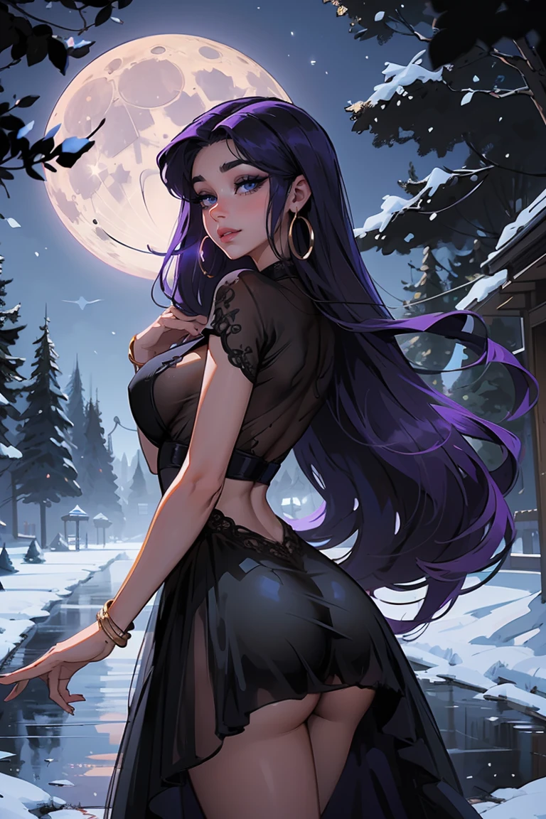 Goddess ((goddess-like woman)), slim elegant silhouette, masterpiece, (close angle), best quality, sweet face, (masterpiece:1,2, best quality), (real picture, intricate details), (1 lady , solo, medium tits, slim waistline, ), (blue eyes, Purple hair, very long hair), a woman with long hair, she has an impressive presence., long hair, bracelet, hoop earrings, jewelry, beautiful face, beautiful eyes, she looks at the viewer, she wears a black dress, Boots, sweet irresistible smile, elegant pose, elegant hands, beautiful hands, perfect fingers,, background: Park at night, Park, a beautiful park, trees, walkway, flowers, bushes, at night, beautiful full moon night, full moon