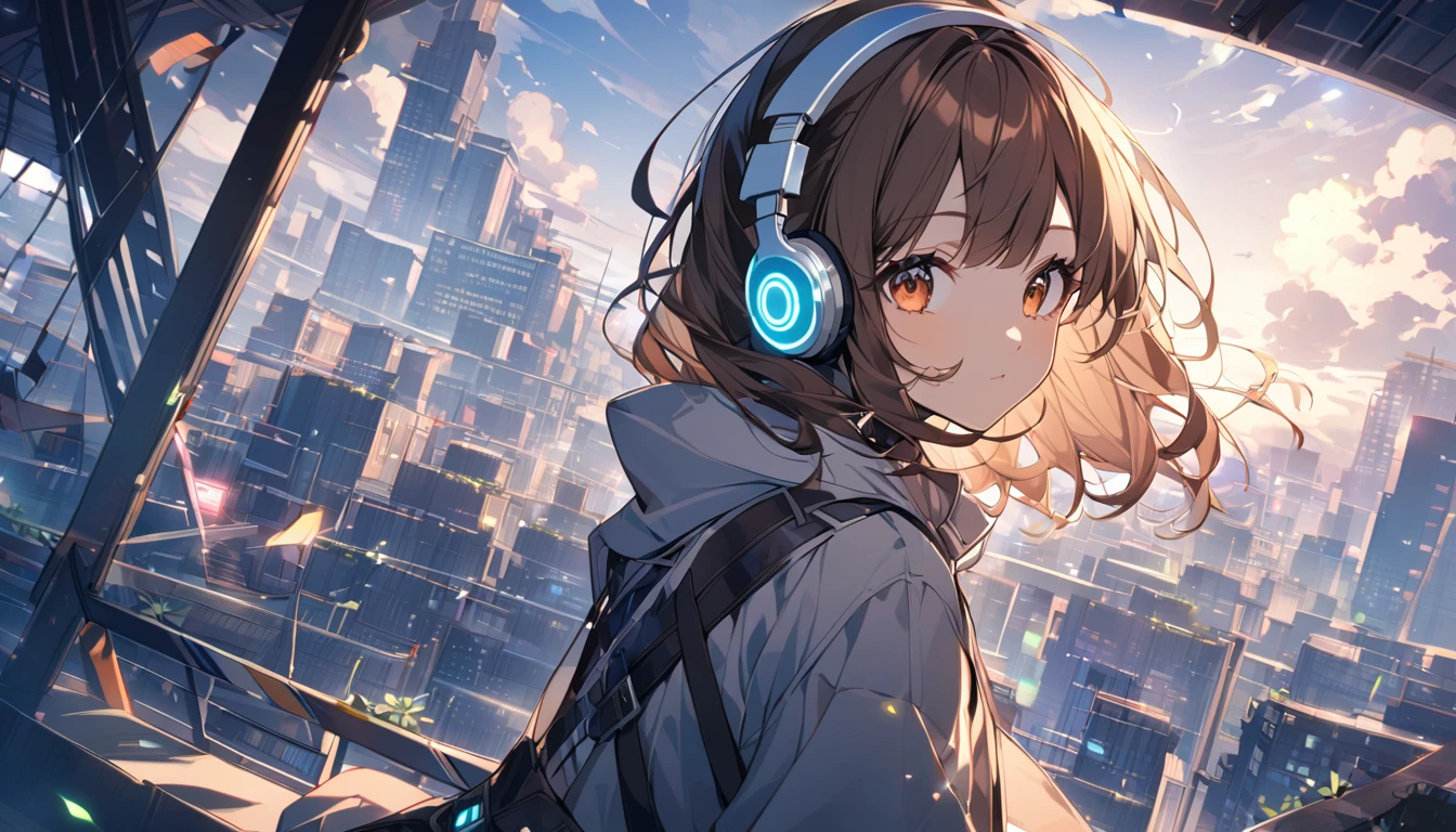 Girl wearing headphones,Brown Hair,1 person,bright,detailedな背景,She's just a normal girl who works on a farm.. She is living in difficult times., It's the dark ages. , World of madness, Floating Island, Castle of Clouds, (Highest quality:1.3), (High resolution:1), (detailed:1.3), (can't believe it:1.3), (perfection:1.3), (perfectionion:1.3), (Volume cover art:0), (figure:1.3), Art by Studio Ghibli