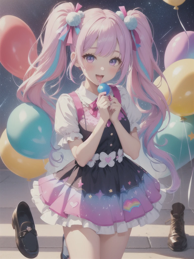 (whole body, legs and shoes visible: 1.2)) Expressive eyes, One girl, Pale skin, Long Hair, Windblown Hair, ((absurdly Long Hair)), Long Side Lock, Princess bangs, Hair bangs, Hair Bun, ((Very long twin tails)), Rainbow Hair, Light pink hair, blush, full face blush, big sparkling Pastel Purple eyes, (Gradient Eye), Laughing with your mouth open, cute pose, ((Holding a balloon : 1.3)) ((cute and pastel fashion)) ((🦄🎠🎈🎉 theme : 1.4)) A loose pastel dress, ((Dreamy multi-colored open dress)), (Floating ribbon), Lavender Frill, Pink frills, (Light blue lace), Removable short sleeves, Fluffy skirt, ((Rainbow and star printed skirt : 1.3)), Lolita Skirt, Purple ribbon, ((pom pom ribbon hair ornament : 1.4)), Multiple Bows, Striped lace stockings, (heart型のレッグガーター), cute (Pastel Purple) shoes ((Ultra-detailed clothing and fashion)) I&#39;m watching you, Vintage Girl, blush, (Beautiful attention to detail), (Highly detailed CG Unity 8k wallpaper) (Best Shadow), ((Very delicate and beautiful)), (Detailed light), ((Depth of written boundary)) Big Head, Big, bright eyes, Moe, Splash Art, Cinema Lighting, Front view, volumetric lighting maximalist photo illustration k resolution high resolution intricate detailed complex key visuals precise linear ((Dreamy pastel sky background, Surrounded by sunset clouds, shooting star, Castle above the clouds)) ((Ultra-detailed landscapes, Foggy clouds, Hung by balloons, heart : 1.3))