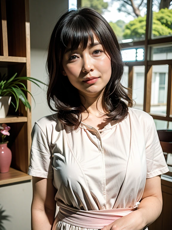 (top-quality、16K resolution) natural soft light、A Japanese Lady、Looking at the camera、Concrete background、Facing the front、is standing、long、Woman in her late s、Light bangs、Salon model、Natural look、portlate、floated hair、