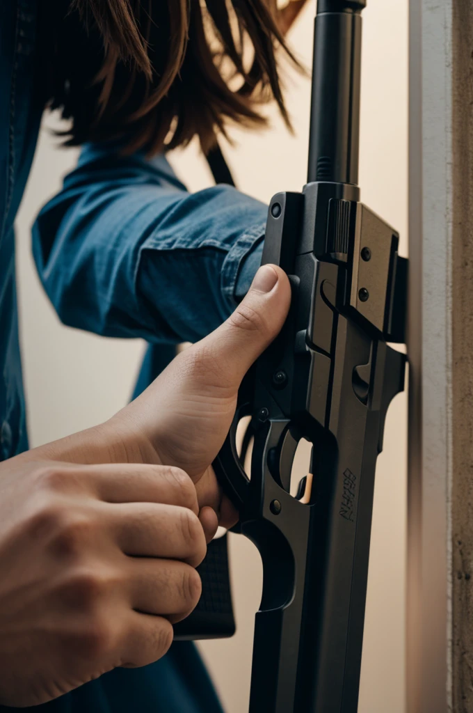 A person with a firearm in the right hand turning to the left side