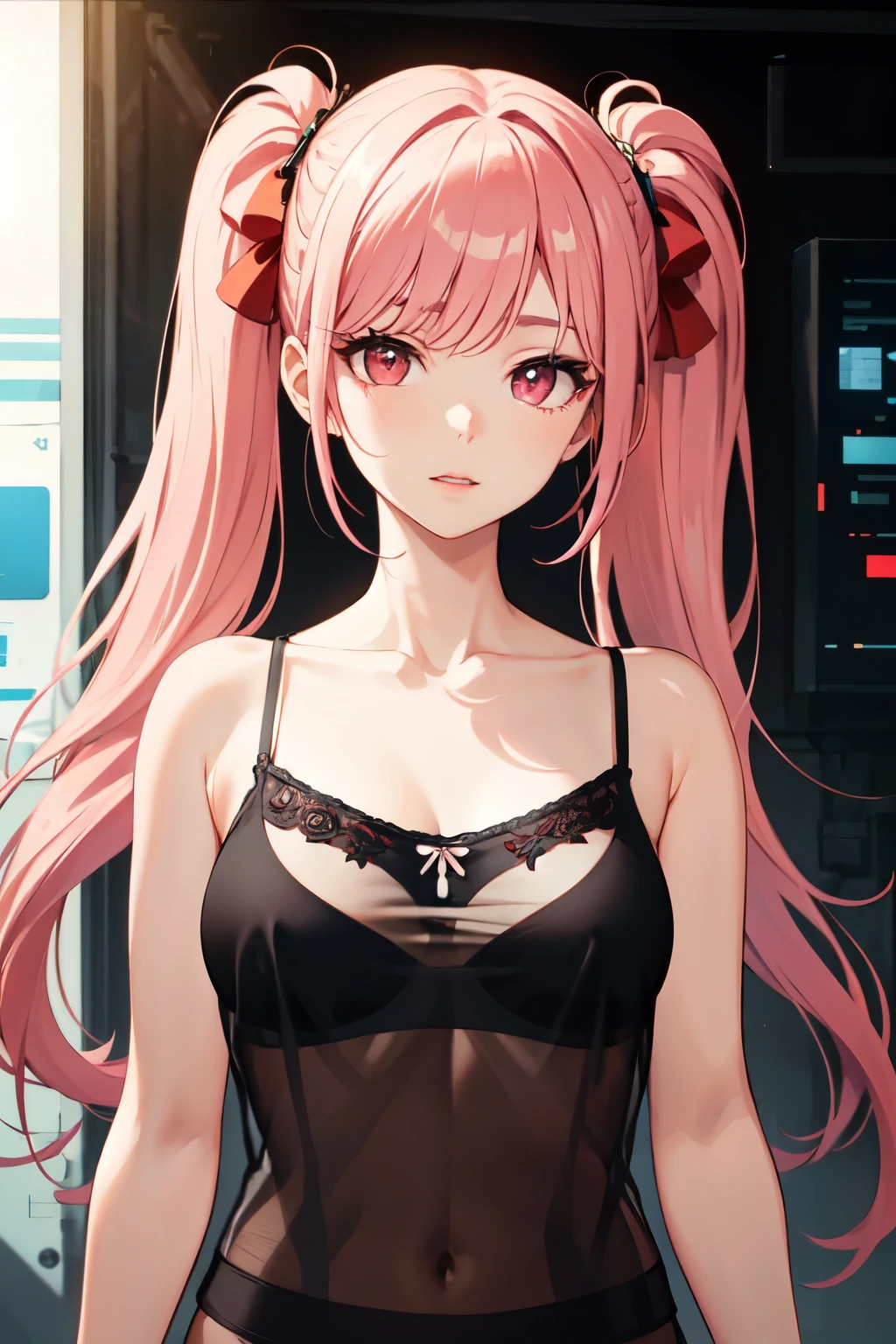,Optimal,masterpiece,High resolution,Highest quality,Hyper HD,Very detailed,Award-winning,16K,alone,(Upper Body),Correct Anatomy,Beautiful Cyberpunk Girl,Cowboy Shot、Cute Face,,Pink Hair、Long Hair、Twin tails、Braiding, Hairline,((Scarlet Eyes)),Long eyelashes,Drooping eye corners,White skin,front, ((See-through camisole:1.5)), 、rocket , (Because I'thin),Big Breasts