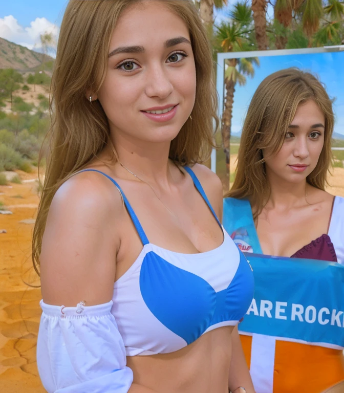 woman, with blonde hair, 8k, smile on face, full body 3D realistic poster, sweet wonderful woman, smiling, plus size, with beautiful eyes, in red swimsuit, walking in a desert, 8k resolution, photorealism , hyper detailed