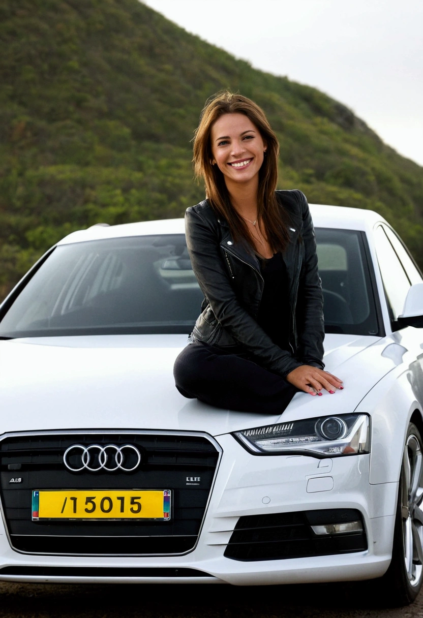 une femme bulgare de très loin souriante et magnifique de 25 ans. Elle sort d'une audi abimée et sale. Son visage est réaliste et le décor réaliste également. La qualité de la photo est faible.