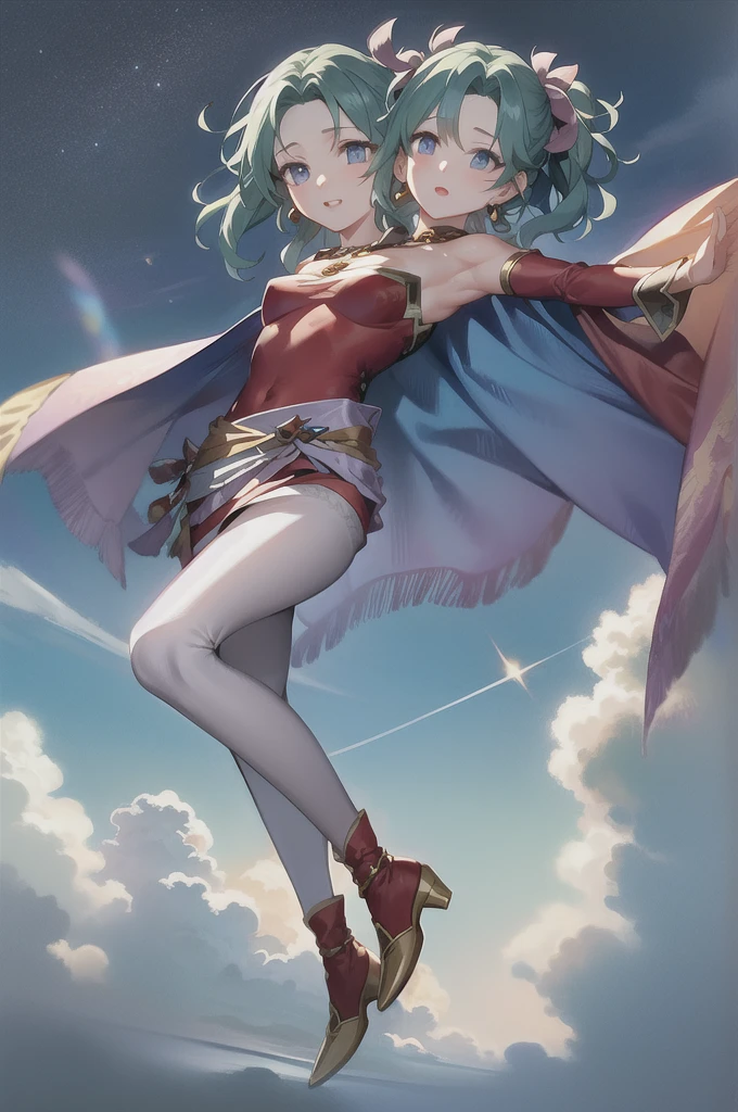 masterpiece, best quality, tina branford, green hair, cape, earrings, red dress, detached sleeves, hair ribbon, clothes around waist, print legwear, red boots, jumping, sky, cloud trails, (2heads:1.5)