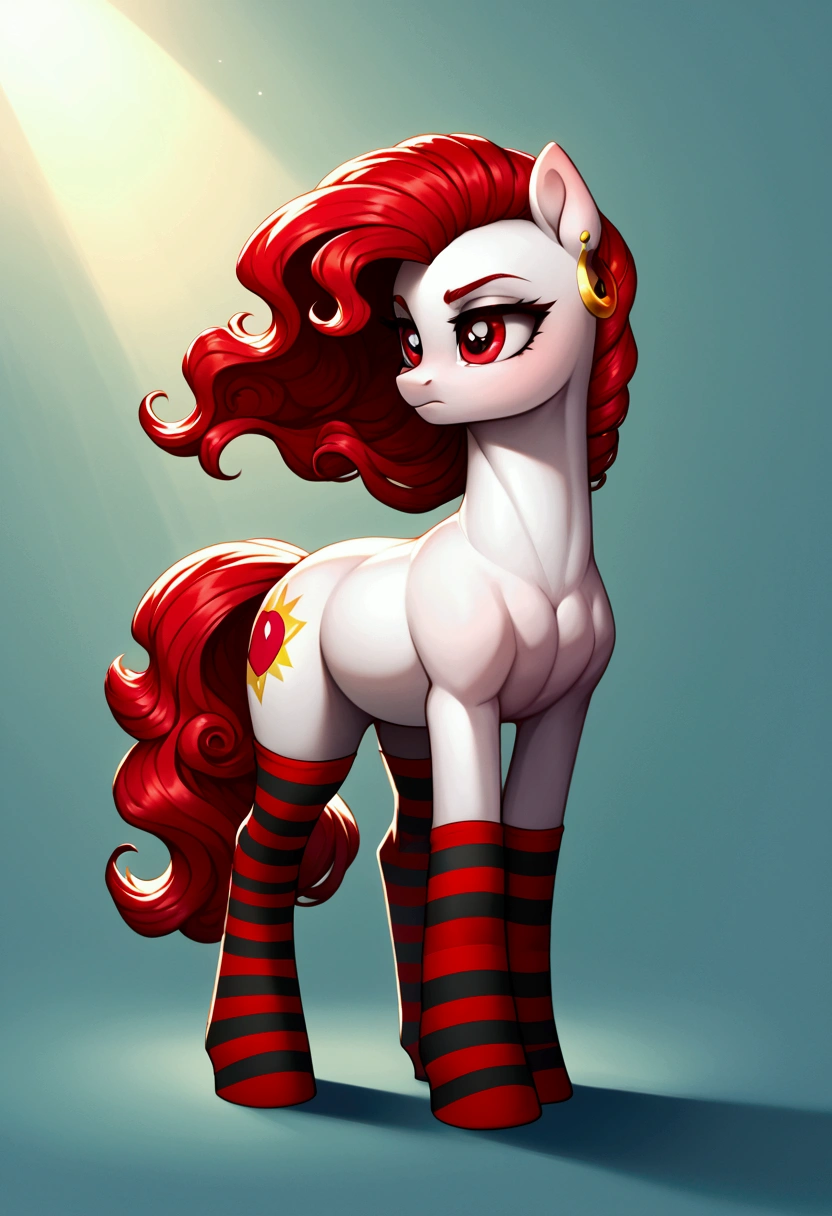 score_9,score_8_up,score_7_up,score_6_up, ((my little pony)), radiant lighting, vibrant colors, whimsical atmosphere, 8K, high resolution, highly detailed, masterpiece, behind view, white body, long red wavy hair, earrings, red eyes, stern look, black-red striped stockings  huge overfilled round breast_implant like a blimp, hyper_breast_implant Some of the biggest expanding breasts and booty in the world. Only